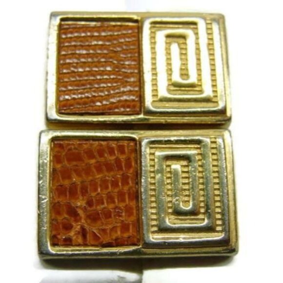 Gold Tone Cufflinks Lizard Leather Inserts Speidel Vintage Cuff Links Tux Shirt - Picture 6 of 11